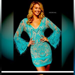 Sherri Hill Aqua Embroidered Dress